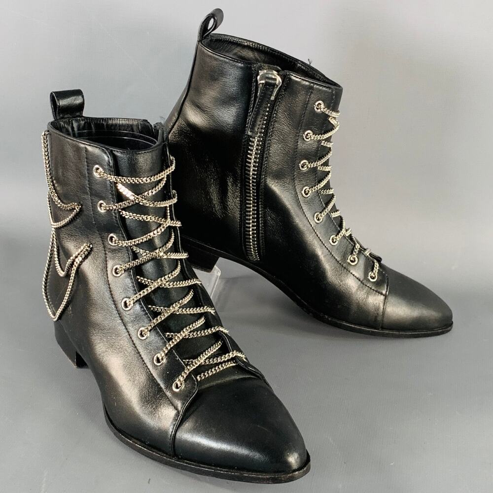 GIUSEPPE ZANOTTI Size 5 Black Leather Chain Side Zipper Ankle Boots